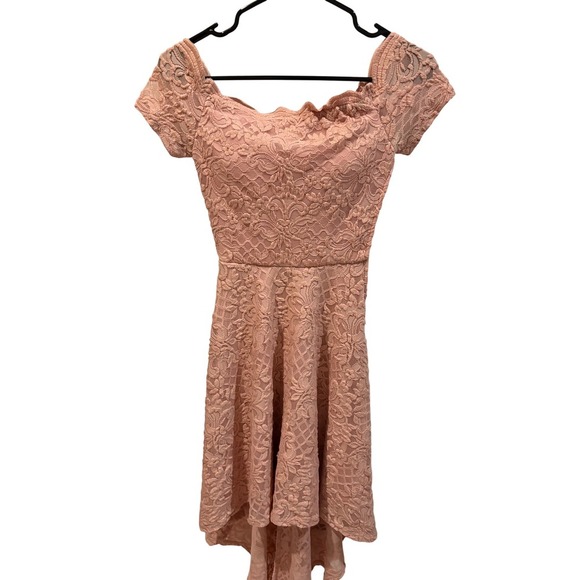 City Studio Pink Lace High Low Dress Scalloped Off Shoulder Size‎ 0 - Picture 2 of 6